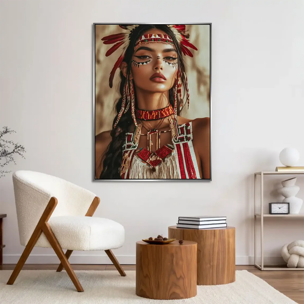 Vertical canvas wall art featuring a serene Indigenous woman in warm reds and golds.
