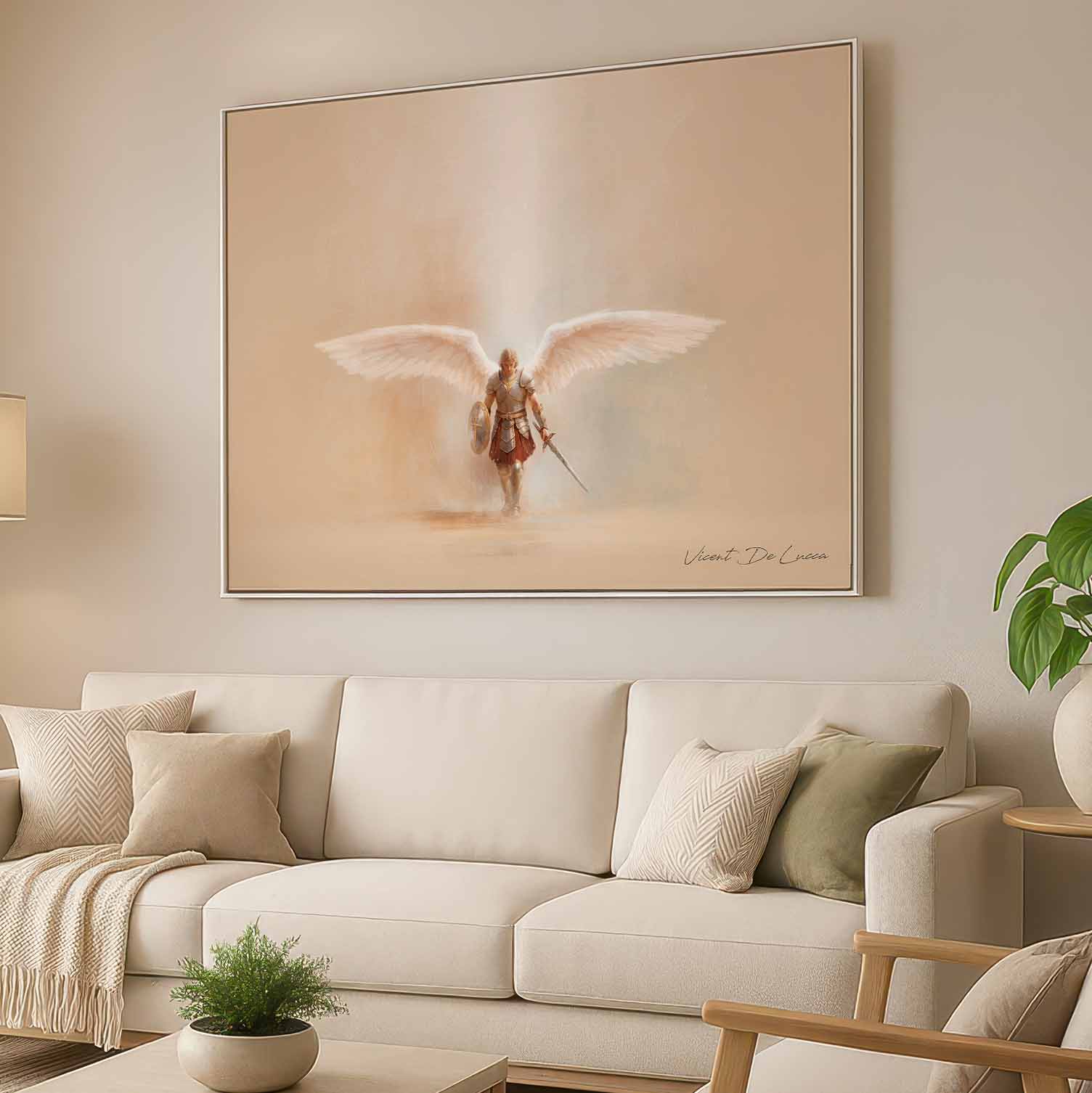 Warm beige and cream-toned religious wall art featuring Saint Michael the Heavenly Defender in a serene composition