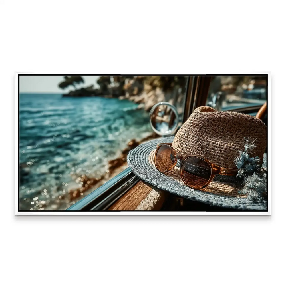 Seaside landscape wall art ideal for bohemian and travel-themed interiors.