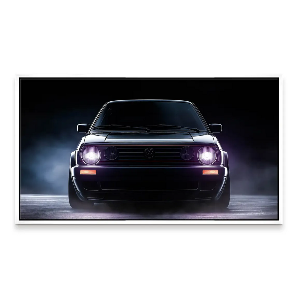 Purple glow from headlights illuminating mist in a minimalist car wall art scene.