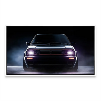 Purple glow from headlights illuminating mist in a minimalist car wall art scene.