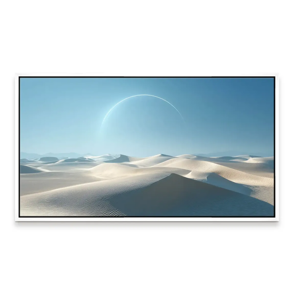 Large-scale desert wall art with pale sky and glowing celestial arc