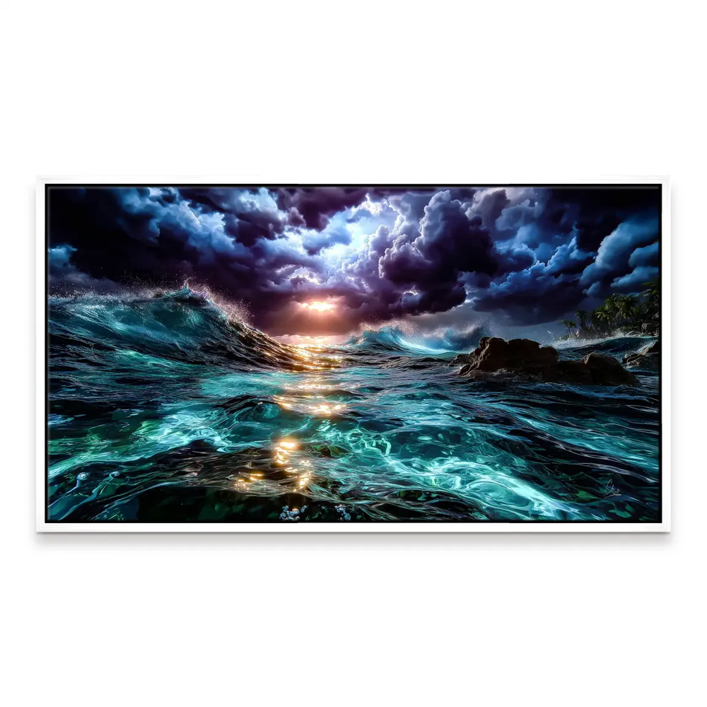 Contemporary ocean wall art featuring vivid teal waves and dramatic skies