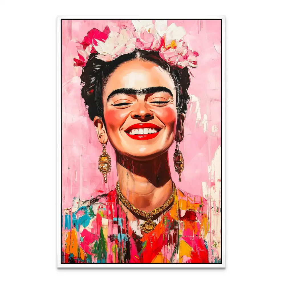 Iconic female portrait Frida Kahlo canvas wall art with floral details