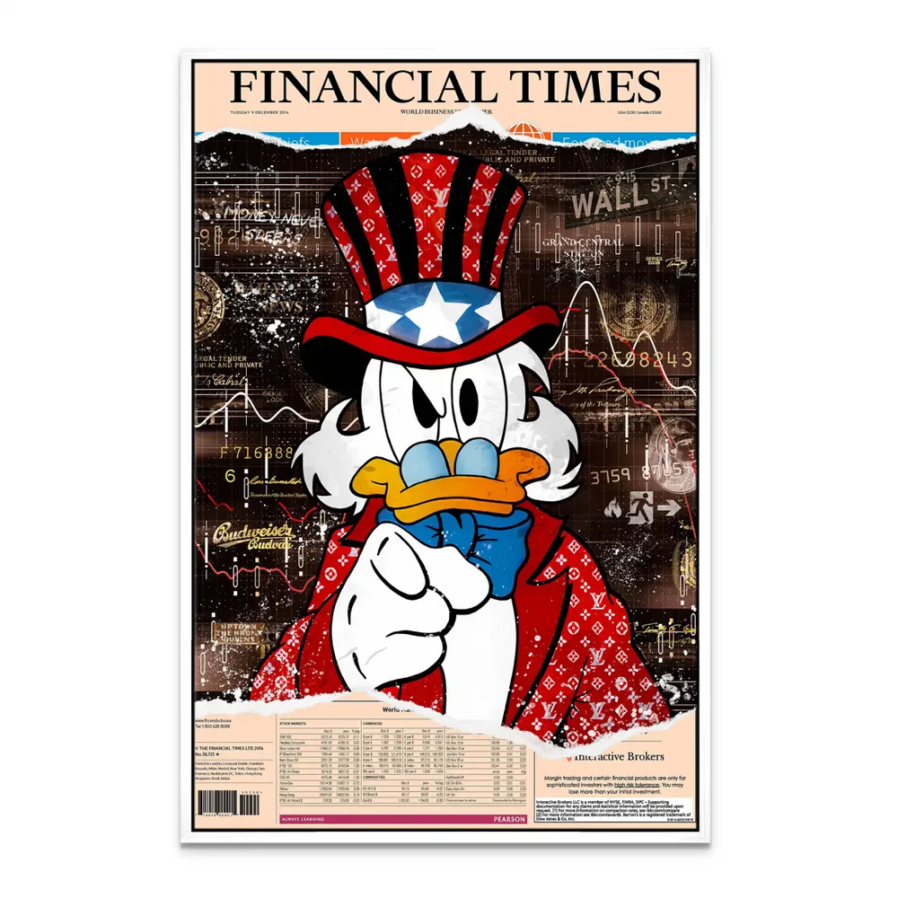Animal wall art featuring a duck character in finance-themed satire