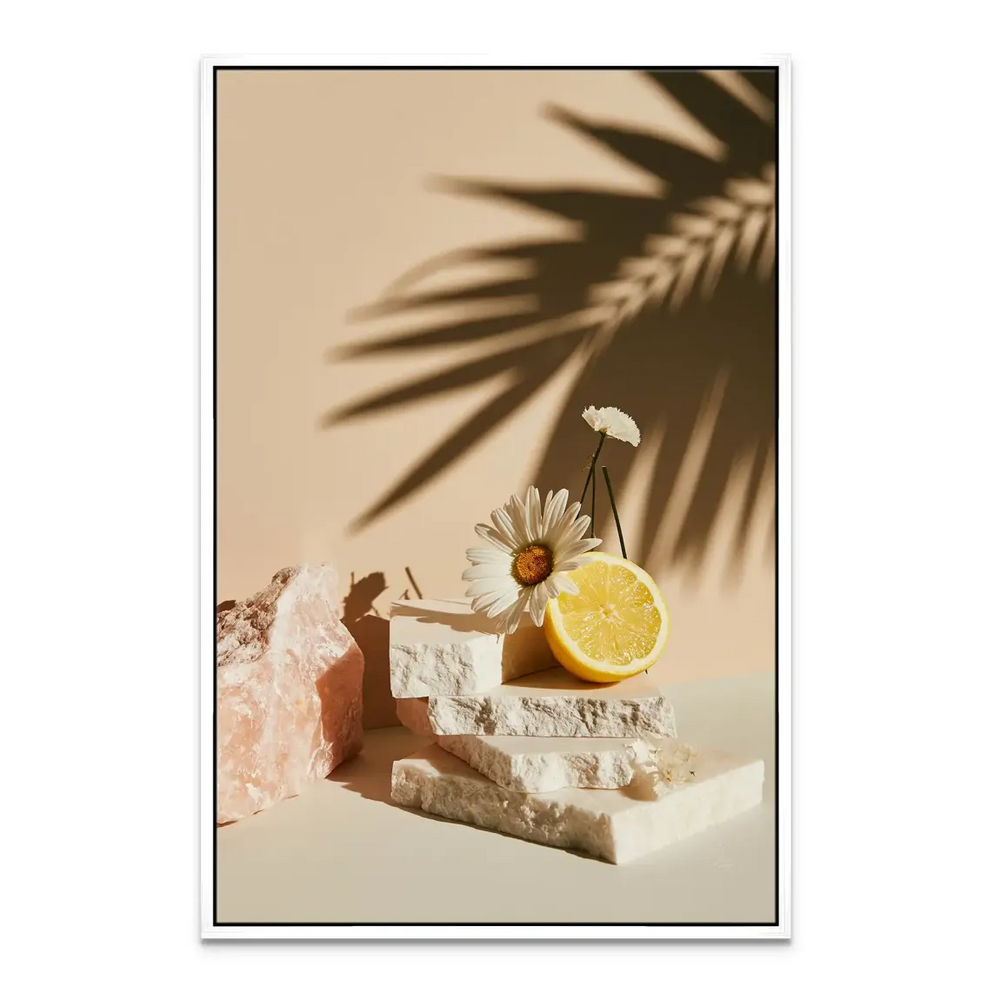 Soft-focused botanical still life combining floral and food motifs on canvas