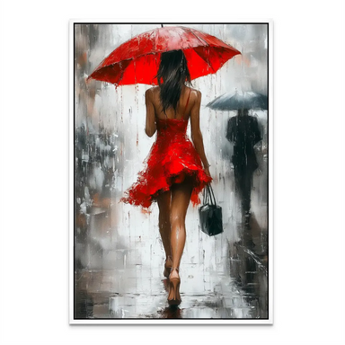Texture-rich canvas art with city rain and a striking red accent