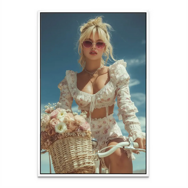 Floral wall art depicting a trendy woman in a sunny outdoor scene