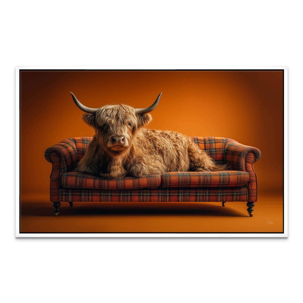 Central composition featuring the Highland cow as the focal point.