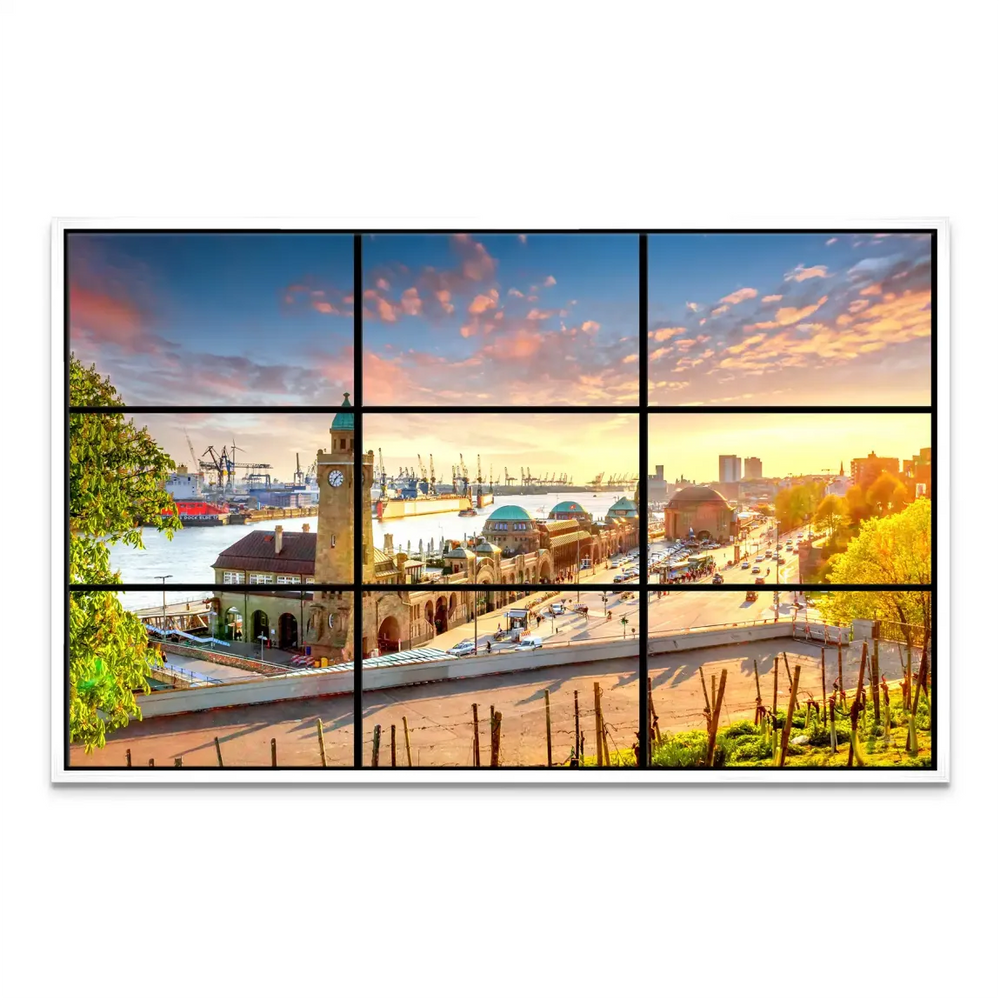 Seaside port scene at sunset in Hamburg canvas wall art.