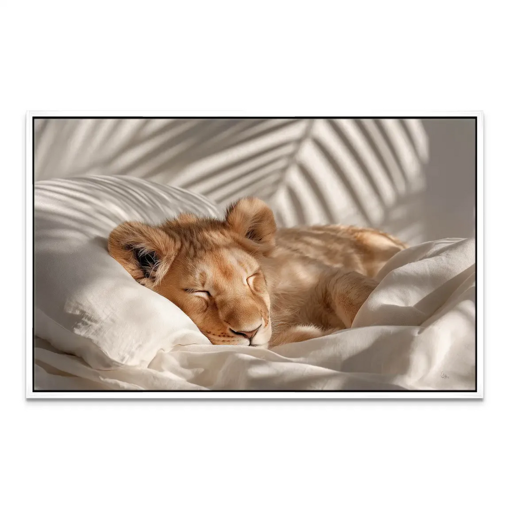 Soft-focused lion cub wall art in cream and white tones
