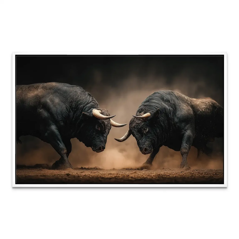 Decor-ready wildlife wall art depicting a dramatic bull-to-bull encounter