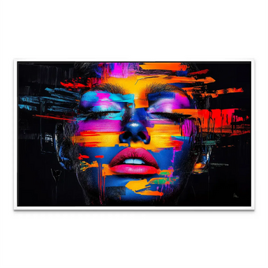 Vibrant wall art that blends pop art and abstract styles in a neon portrait.