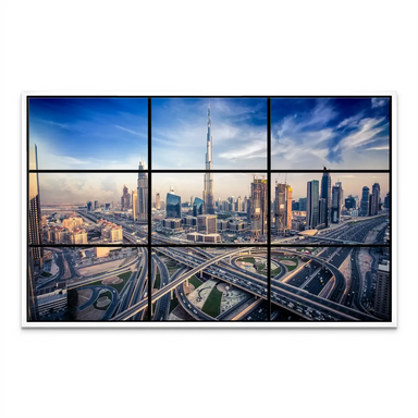 Panoramic Dubai cityscape blending blues and golds into a modern urban artwork.