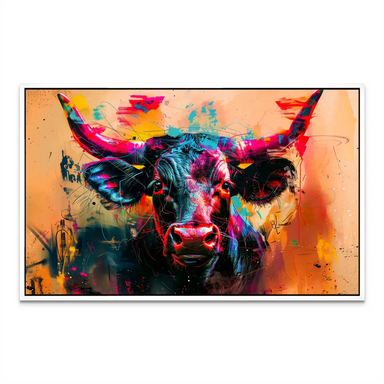 Graffiti-influenced bull artwork with neon lighting on a vivid warm-toned backdrop.