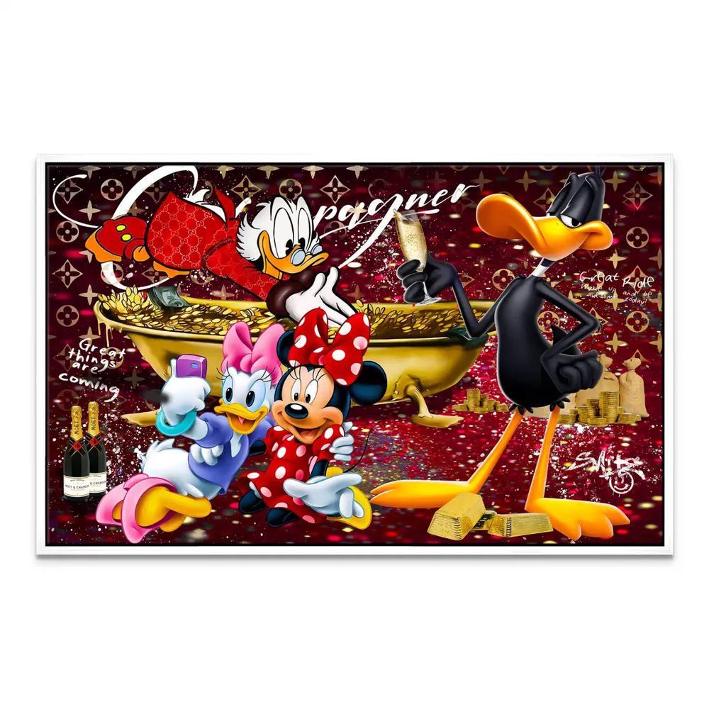 A modern wall art print with bright colors and a playful luxury party theme, ideal for living rooms and bedrooms.
