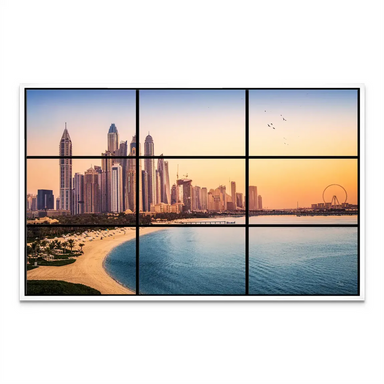Panel 7: Close-up of shimmering water and distant skyline in the golden-hour palette