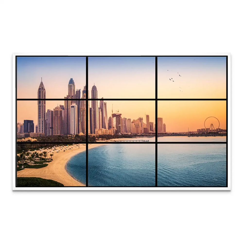 Panel 7: Close-up of shimmering water and distant skyline in the golden-hour palette