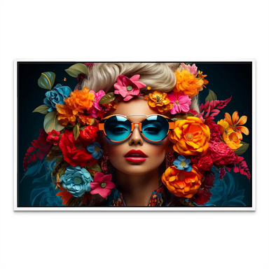 Overall composition emphasizes a stylized woman surrounded by a lush floral halo against a dark backdrop.