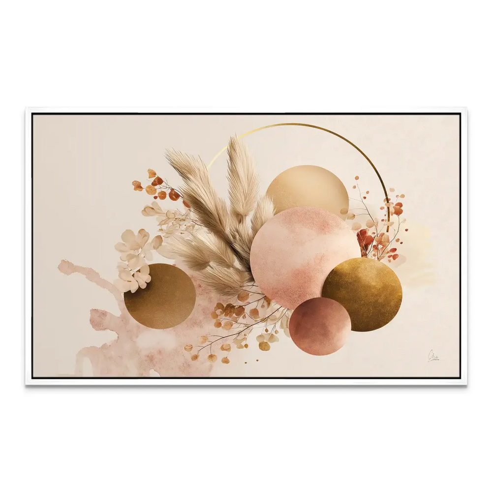 Modern abstract canvas print in a living room setting with beige backdrop and muted rose highlights.
