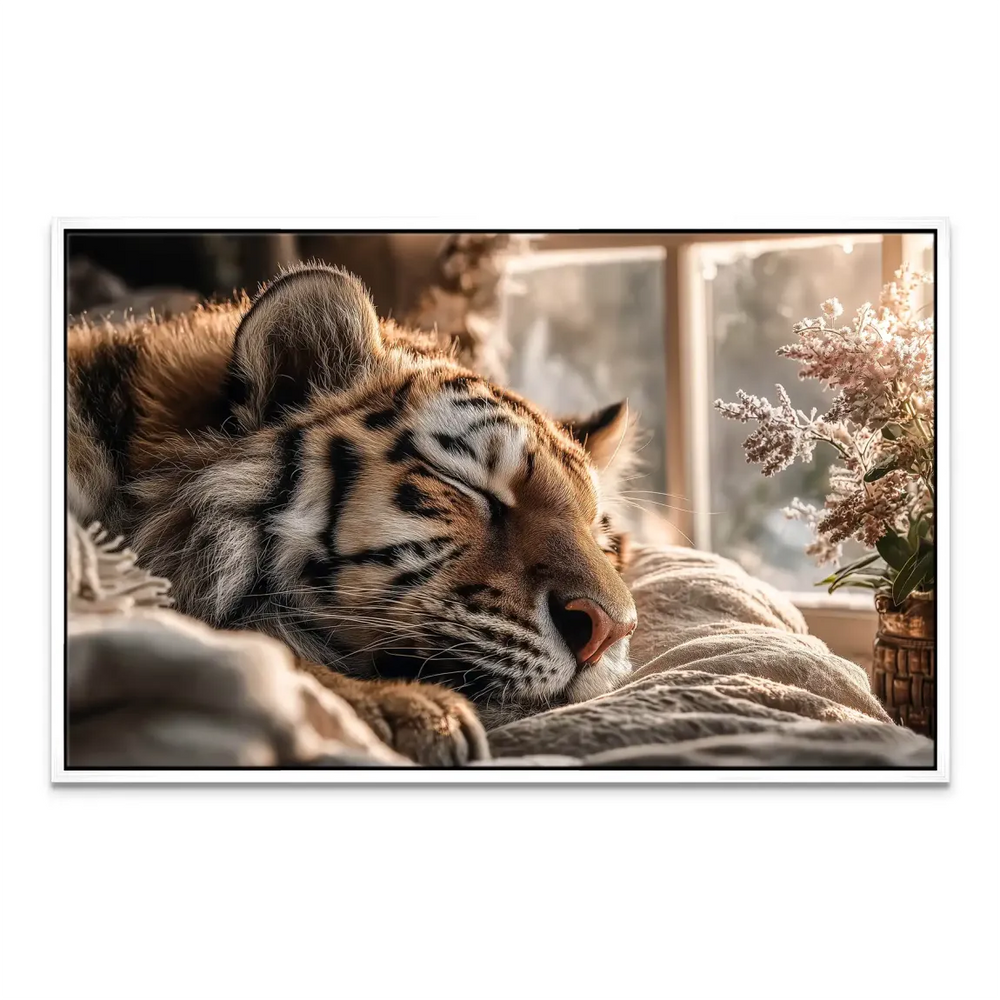 Realistic sleeping tiger canvas print for bedroom or living room.