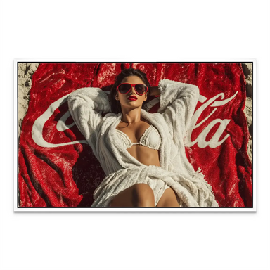 Overall Coca Beach Dream artwork blending luxury beach fashion with iconic branding in a retro-modern style.