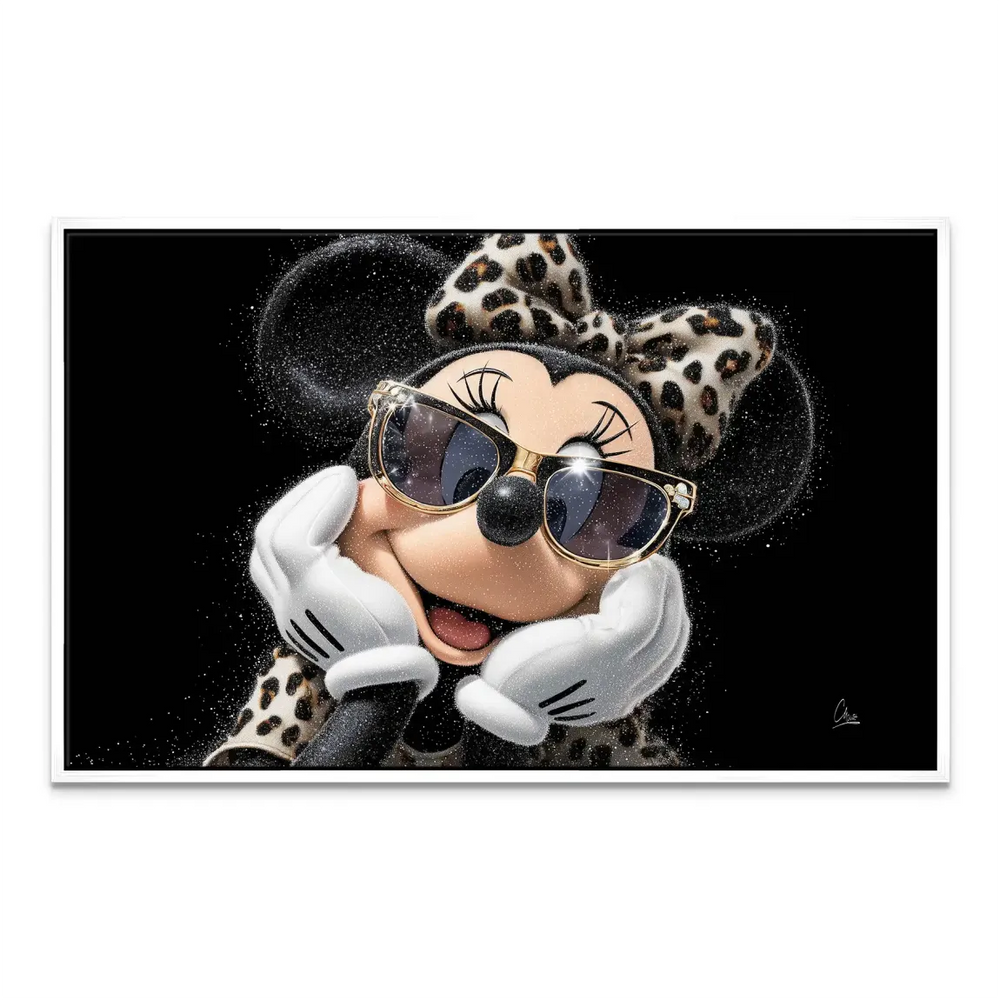Minnie Mouse pop art canvas shown with a white frame finish