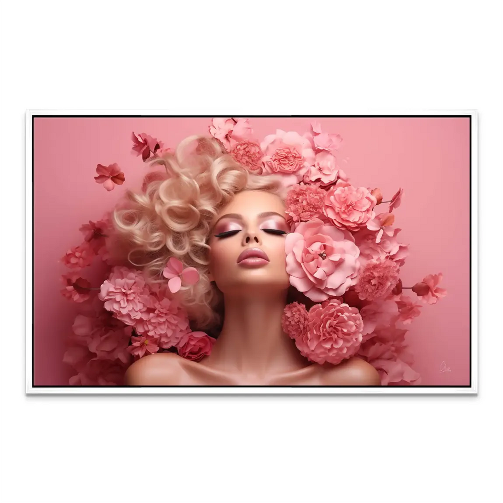 Elegant femme portrait accented by pink blossoms, ideal for floral and fashion wall art collections.