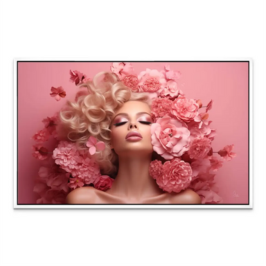 Elegant femme portrait accented by pink blossoms, ideal for floral and fashion wall art collections.