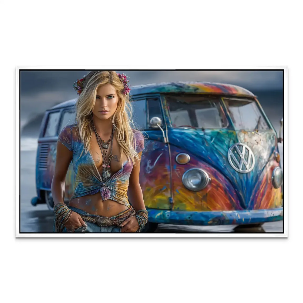 Retro hippie-inspired artwork featuring a traveler vibe and rainbow tones.