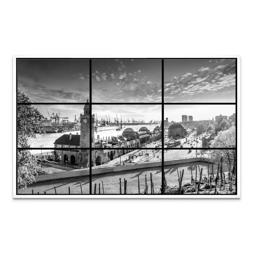 Grayscale cityscape composition emphasizing depth and structure.