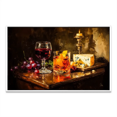 Luxurious dining room wall art featuring wine, cheese and candle as centerpiece.