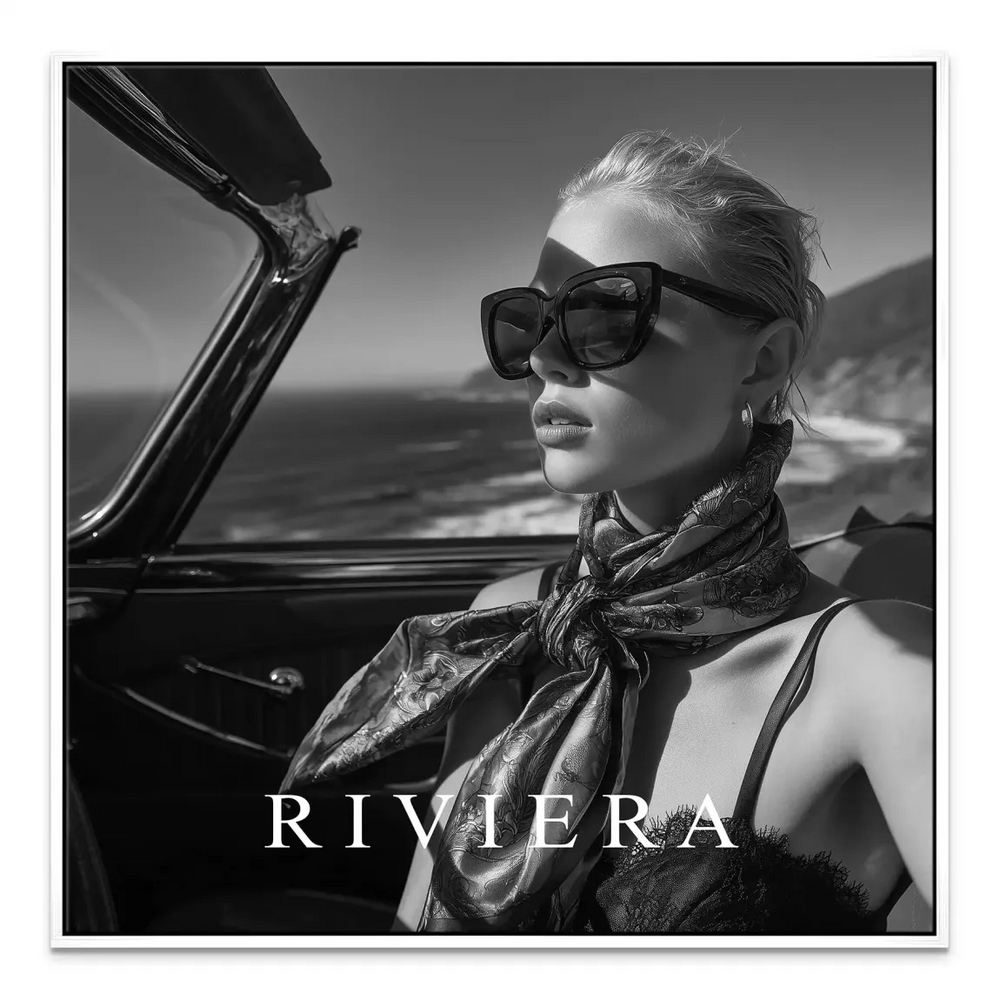 Elegant vintage car scene with a chic woman and scarf as wall art