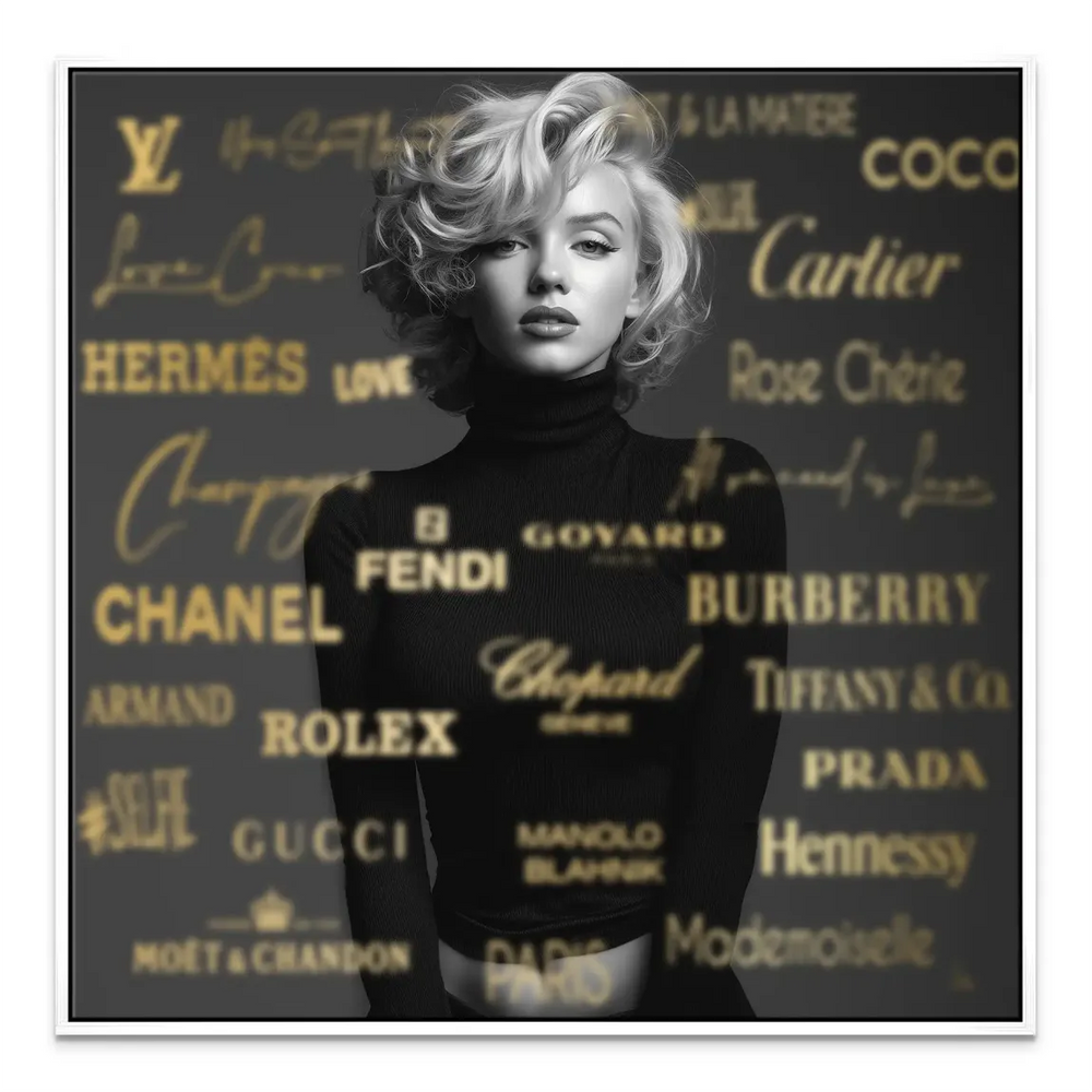 Square canvas print of Marilyn Monroe with opulent gold branding behind her gaze.