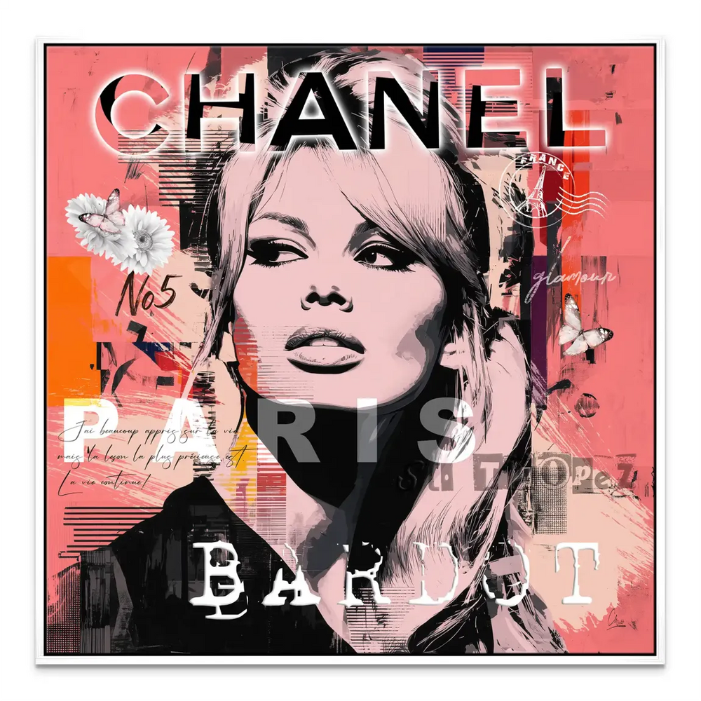 Brigitte Bardot Chanel pop art portrait with Paris typography on vibrant canvas