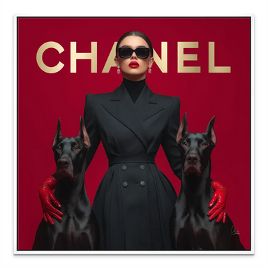Chanel-inspired canine fashion art with dramatic, minimalist background.
