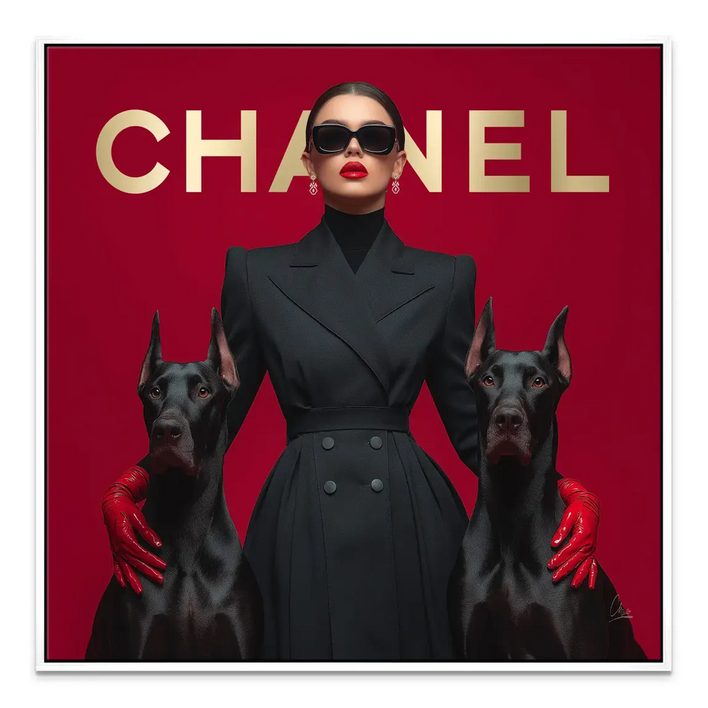 Chanel-inspired canine fashion art with dramatic, minimalist background.