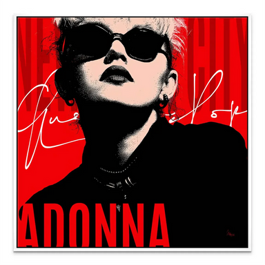 Framed square canvas wall art of Madonna, perfect for fashion or music-themed interiors.
