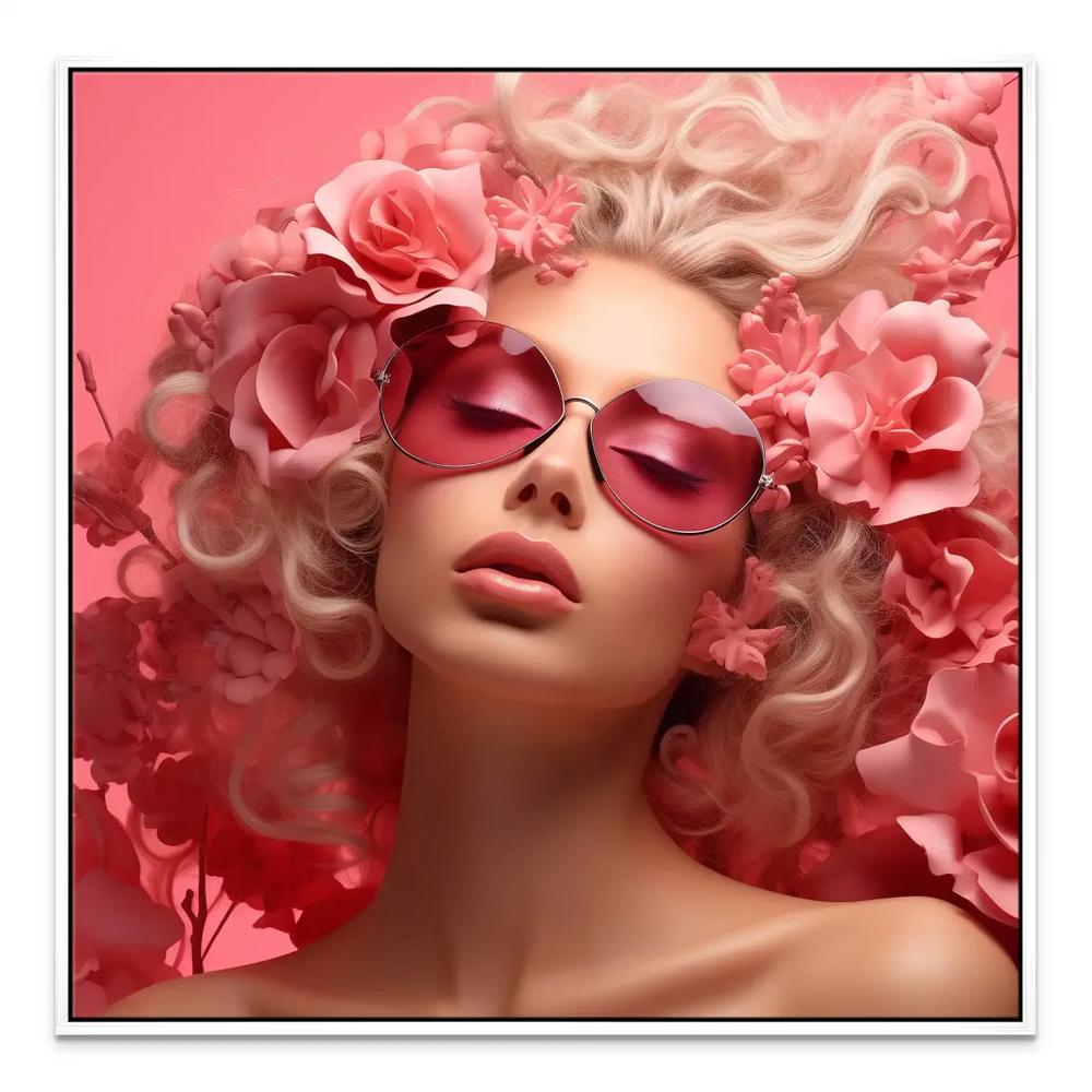 Fashion-forward wall art featuring pink florals and a stylish female figure.