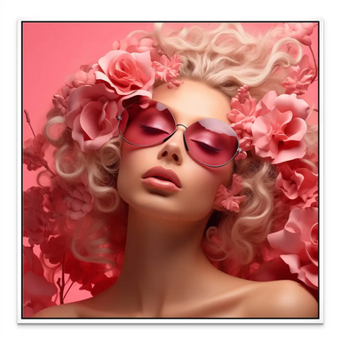 Fashion-forward wall art featuring pink florals and a stylish female figure.