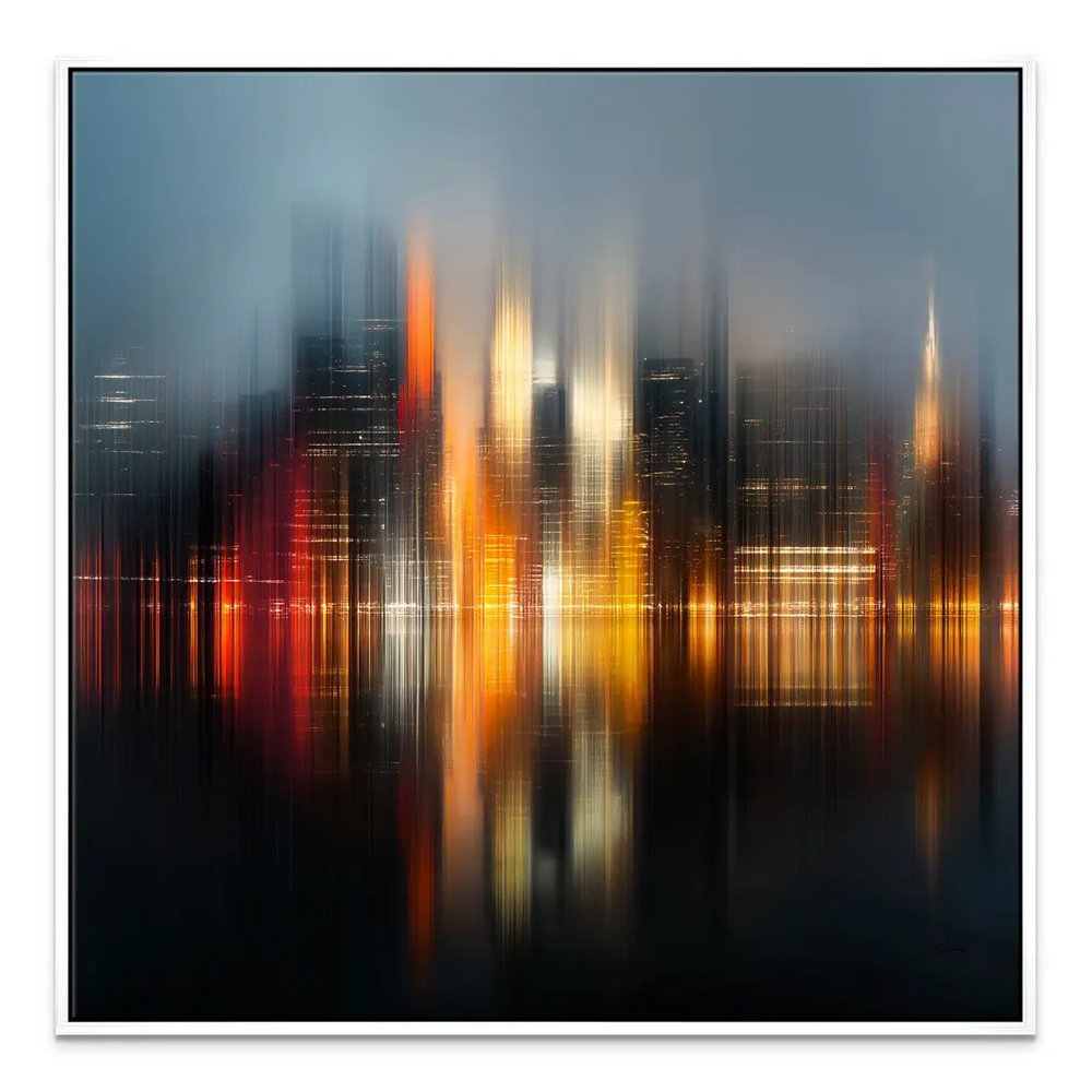 Square-format urban canvas art portraying luminous city lights over a dark river