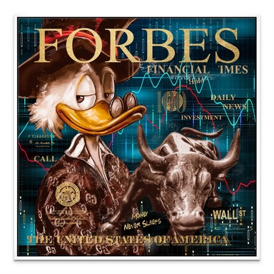Finance pop art canvas shown with a white frame finish