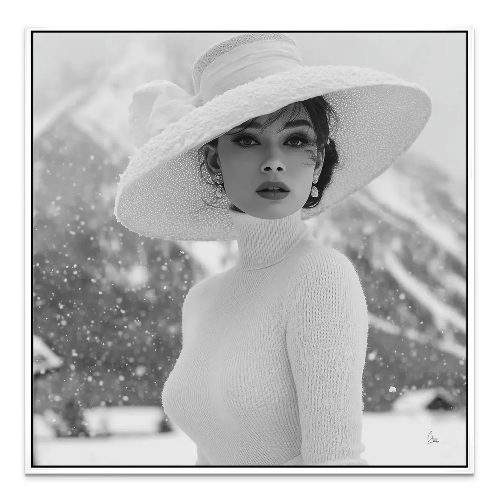 Winter mountain landscape frames a chic fashion portrait for elegant rooms