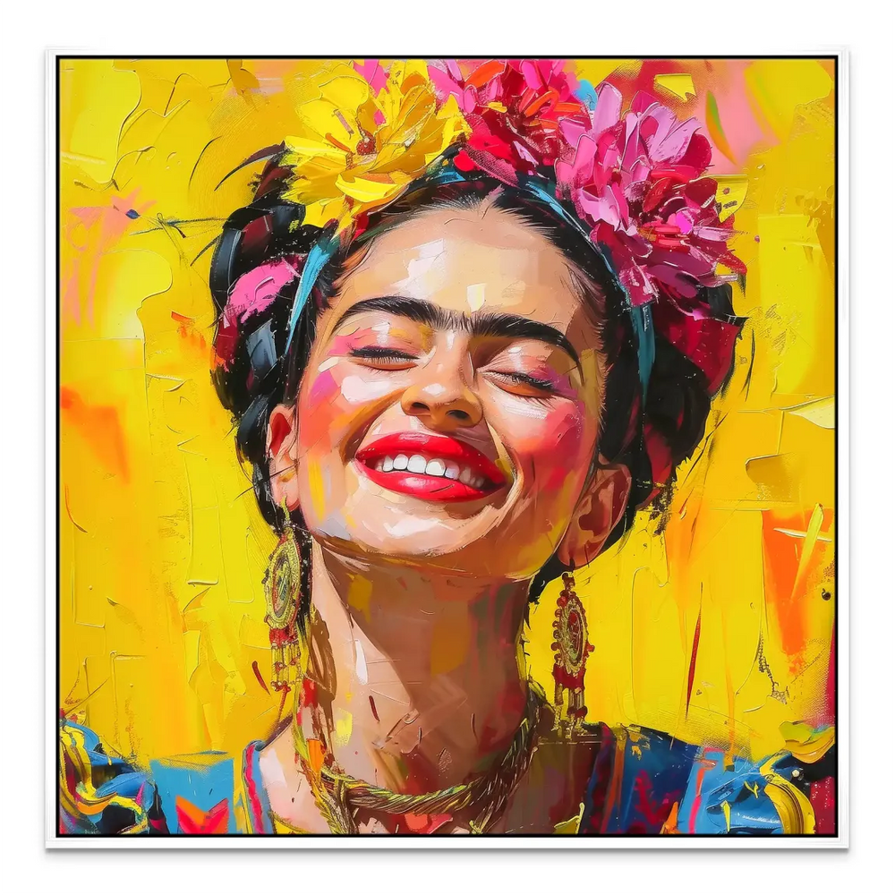 Sharp, close-up detail of eyes, lips, and floral headdress in a square-format canvas
