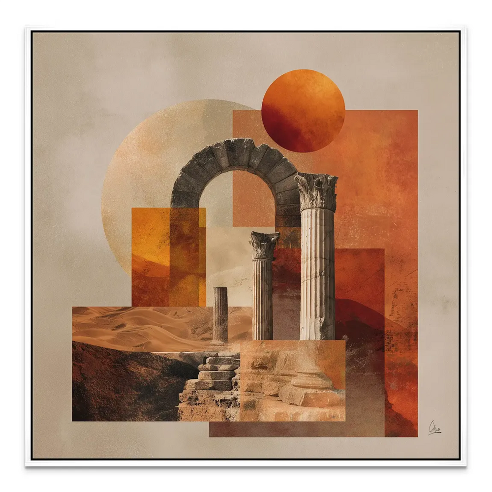 Square-format canvas displaying vintage architectural landscape for boho and eclectic decor