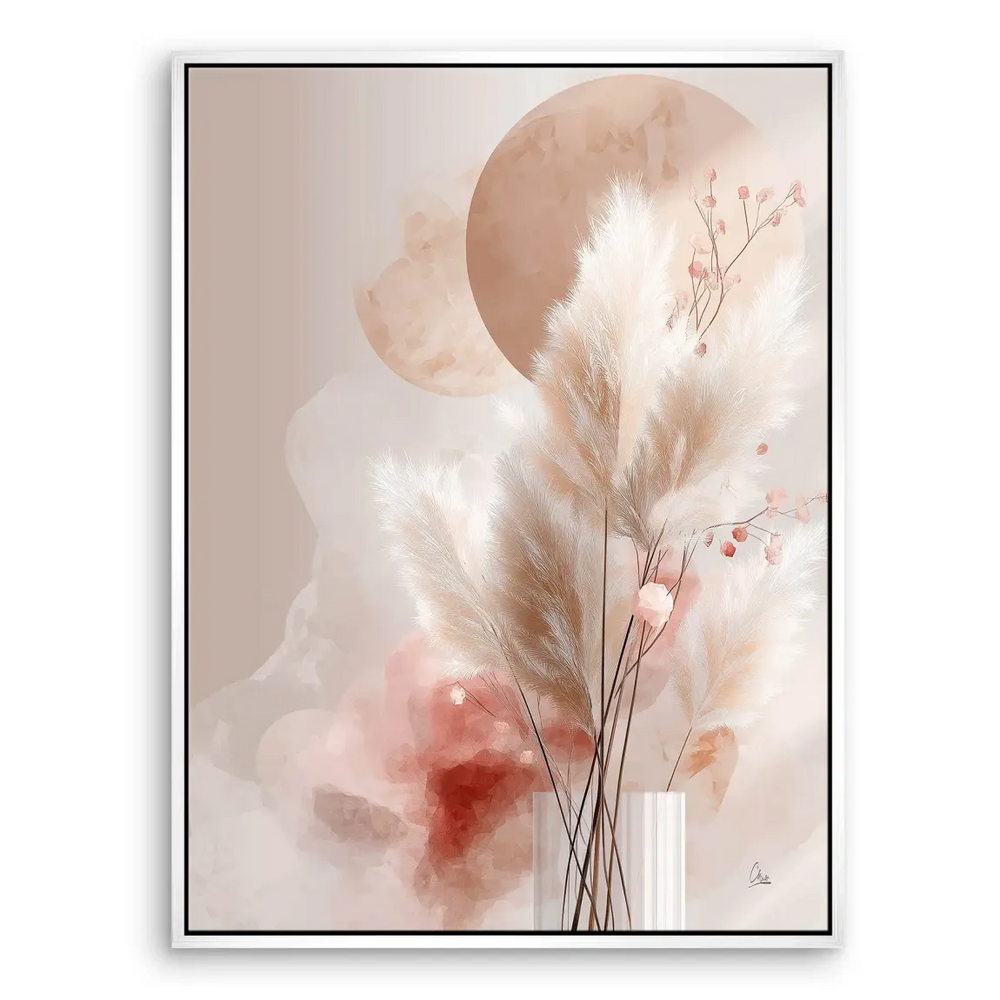 Overall Amber Fields canvas art blends floral, botanical, and abstract styles in a tranquil palette
