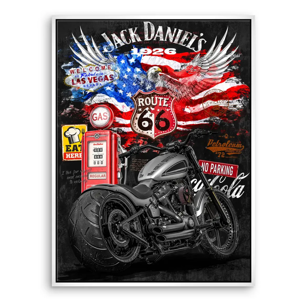 Overall dynamism of freedom and Americana captured in a motorcycle pop art piece.