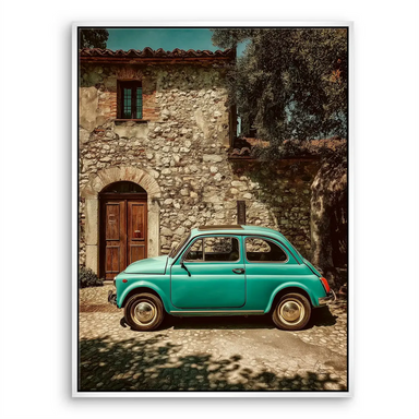 Overall canvas print featuring a vintage car amid rustic Tuscan charm