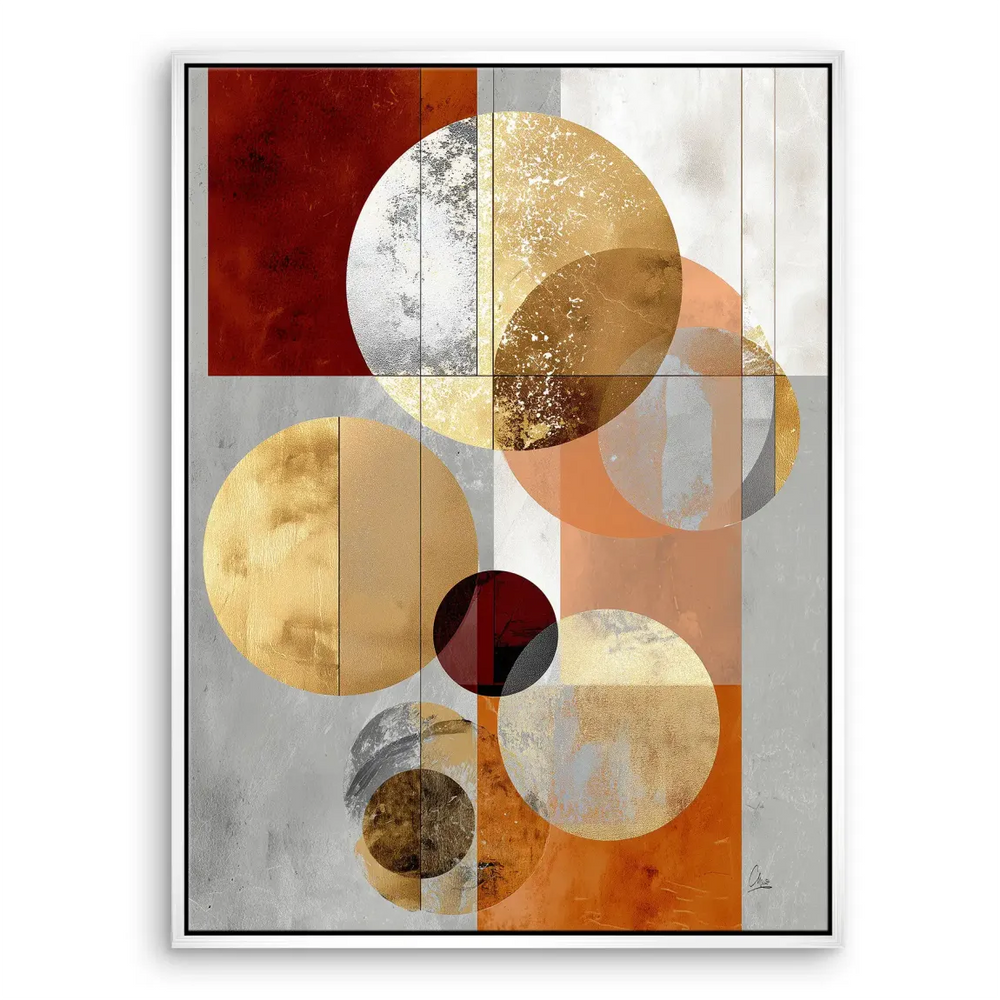 Sophisticated wall art with orbit-like circles and metallic accents suited for industrial chic spaces.