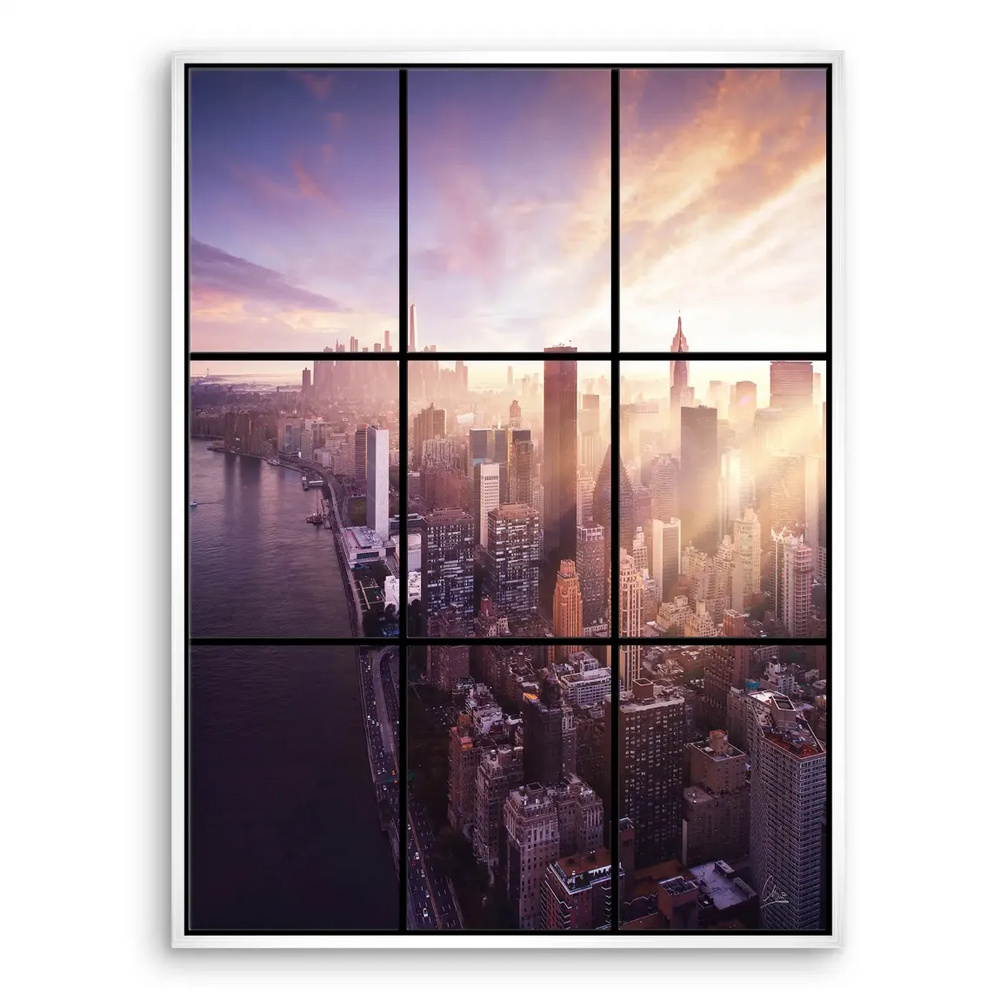 Overall composition of a vibrant city skyline from above at dawn.